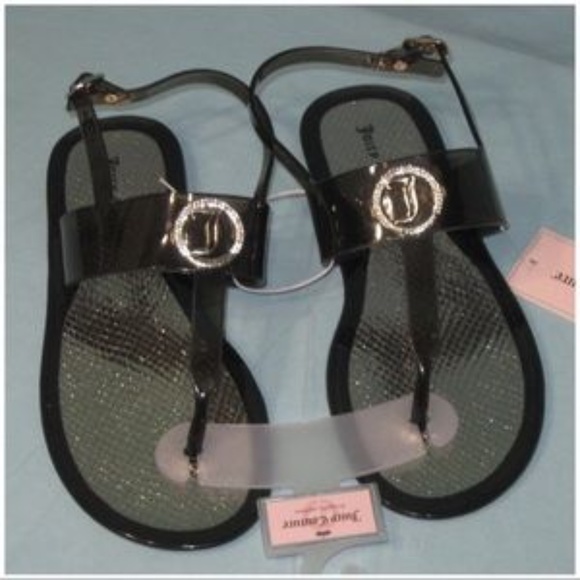 JUICY COUTURE Sandals T-Strap Jelly Crystal Logo Black Sizes M XL - Picture 2 of 7